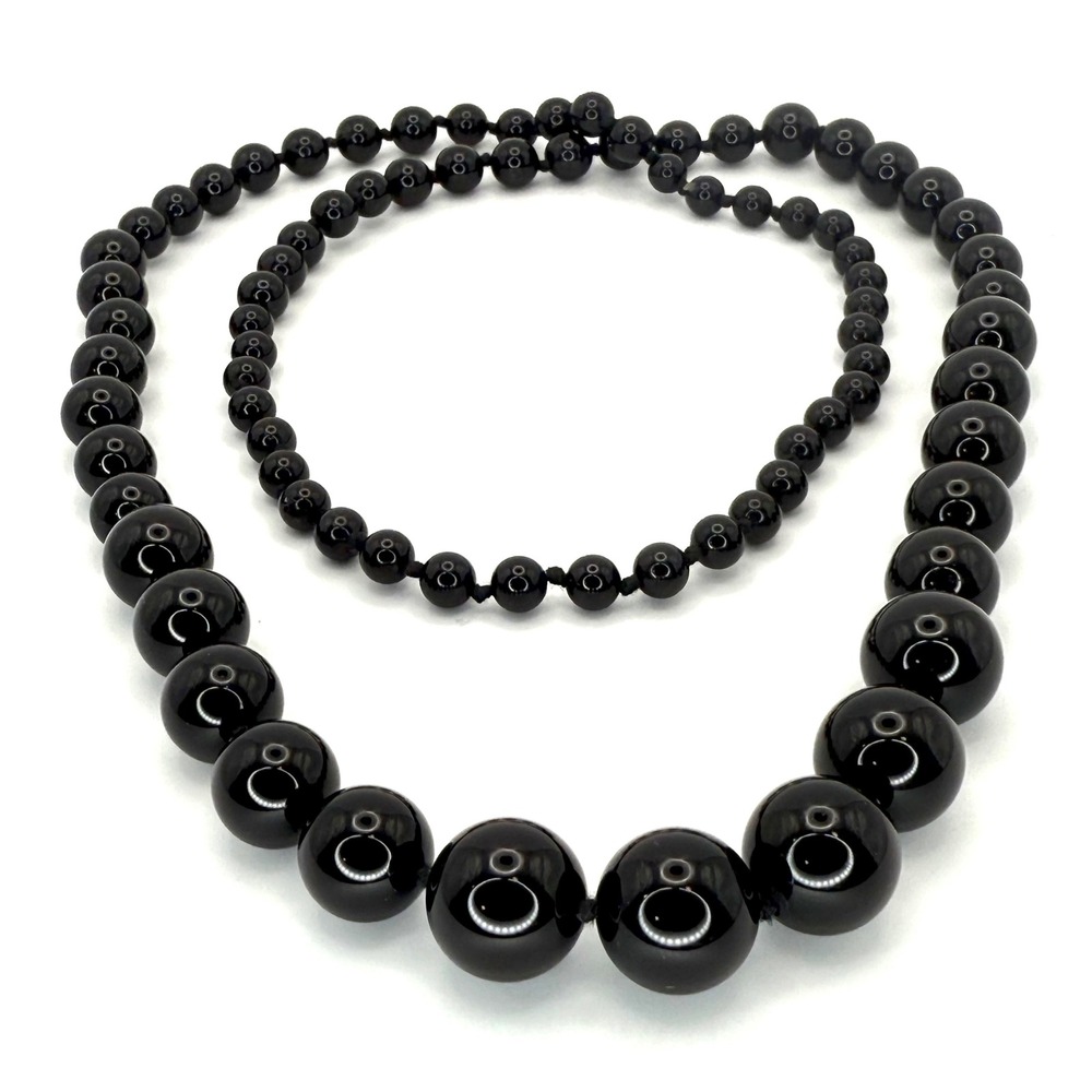 Black Glass Beaded Necklace Graduated Bead Hand Knotted Costume‎ Jewelry Twee